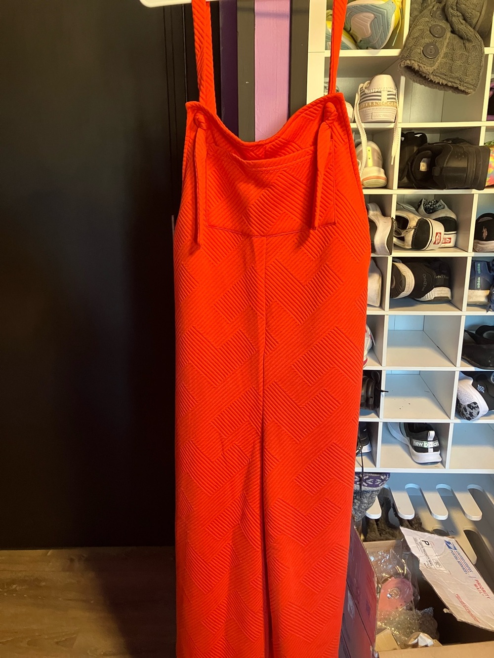 Red Textured Wide-Leg Jumpsuit with Adjustable Straps